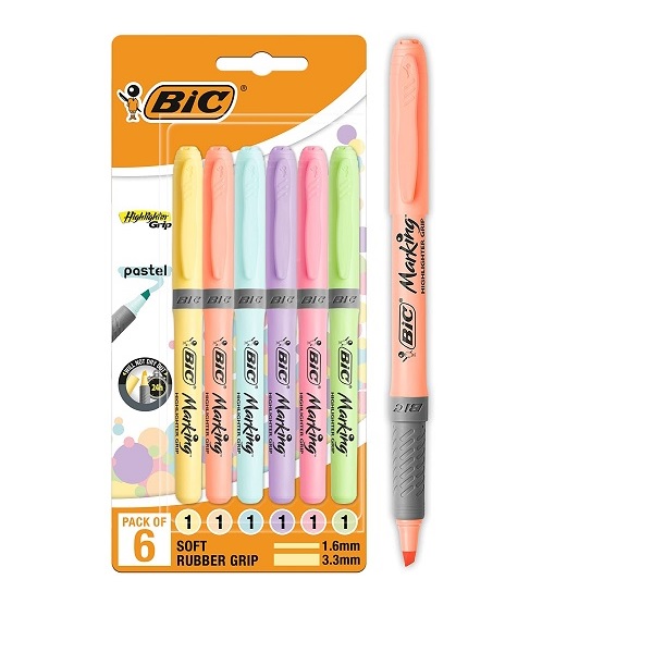 BIC Highlighter Grip Pastel Adjustable Bevelled Tip Markers - Assorted Colors, Pack of 6